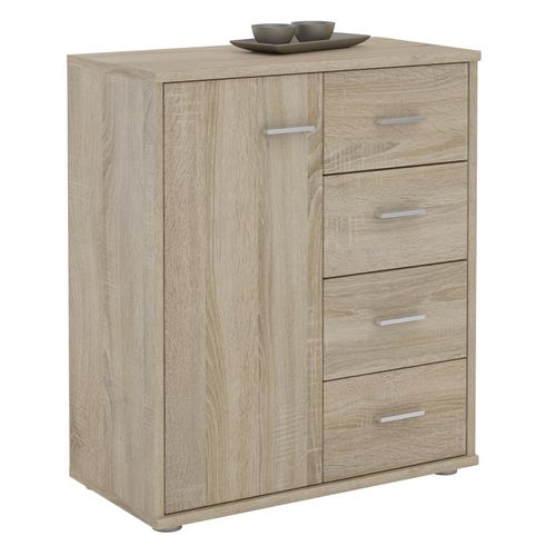 Buffet Oscar, Commode Meuble De Rangement Avec 4 Tiroirs Et 1 Porte, En Mélaminé Décor Chêne Sonoma