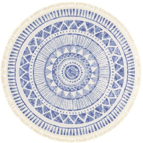 Tapis Rond En Coton Blanc À Franges - Aztèque - Motifs Bleu Decoweb.Com - Ø 90 Cm