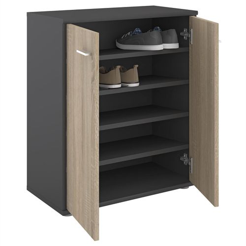 Meuble À Chaussures Olympe, Commode Meuble De Rangement Avec 2 Portes, En Mélaminé Gris Mat Et Décor Chêne Sonoma