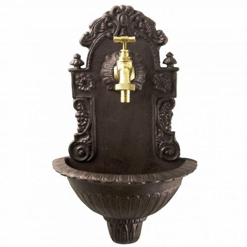 Fontaine De Jardin De Charme Murale Source Fonte Patinée Marron Avec Robinet Fonctionnel En Laiton 14x25x40cm