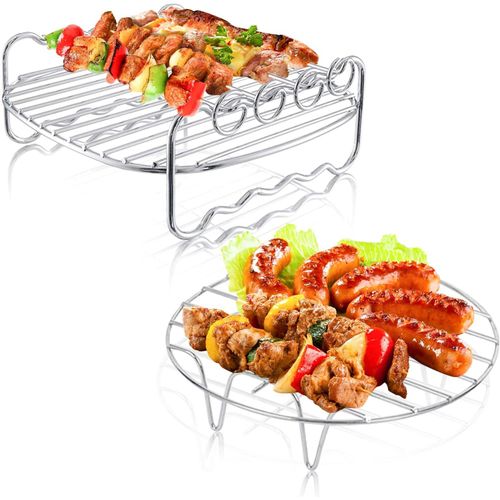 2 Pcs Accessoires Pour Friteuse À Air Comprimé, 7 Pouces Support Multifonction Double Couche Avec Brochette, Grilles Pour Friteuse À Air Avec 4 Bâtons Barbecue Pour Toutes Les Marques De Friteuses