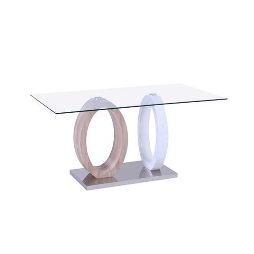 Table À Manger Ayane - 6 Couverts - Verre Trempé Et Mdf - Chêne & Blanc