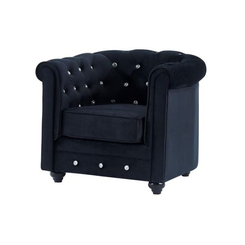 Fauteuil Chesterfield - Velours Noir Et Boutons Effet Cristal