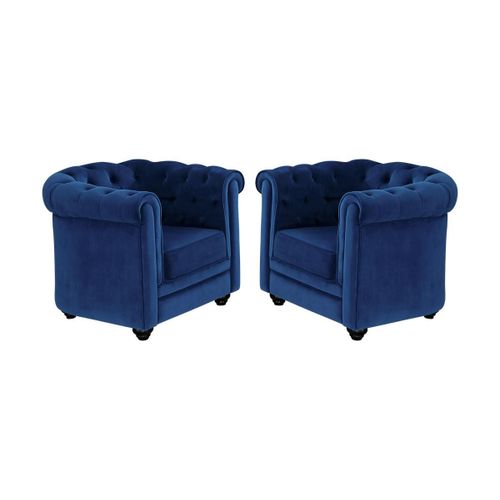 Lot De 2 Fauteuils Chesterfield - Velours Bleu Roi