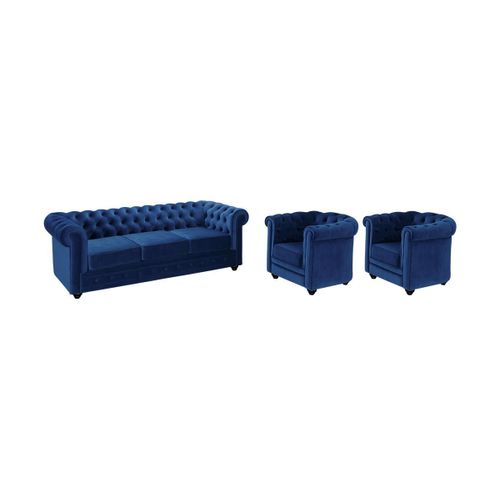 Canapé 3 Places Et 2 Fauteuils Chesterfield - Velours Bleu Roi