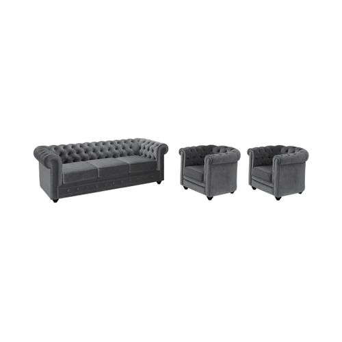 Canapé 3 Places Et 2 Fauteuils Chesterfield - Velours Gris Clair