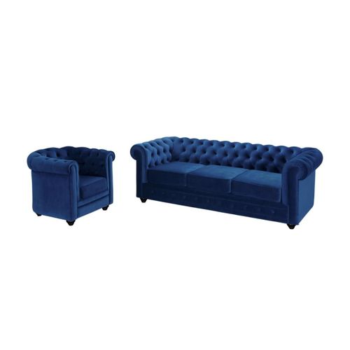 Canapé 3 Places Et Fauteuil Chesterfield - Velours Bleu Roi