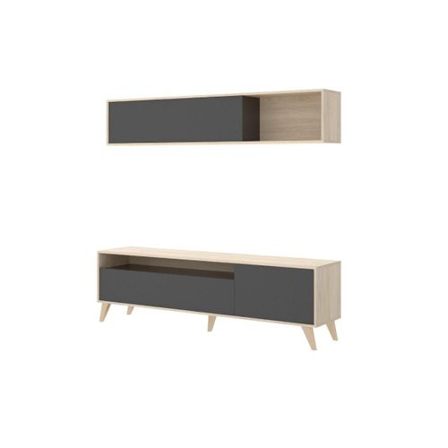 Mur Tv Albora - Avec Rangements - Coloris : Anthracite & Chêne