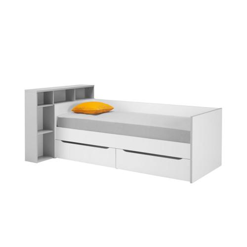 Lit + Tête De Lit Oscar Avec Rangements Et Tiroirs - 90 X 200 Cm - Blanc Et Gris