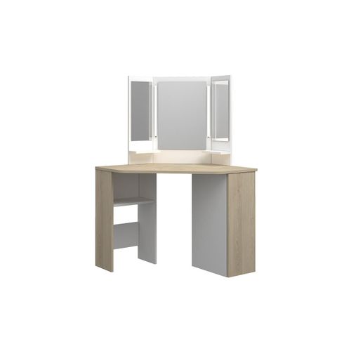 Coiffeuse Charlene - Miroir À Leds Et Rangements - Blanc Et Chêne
