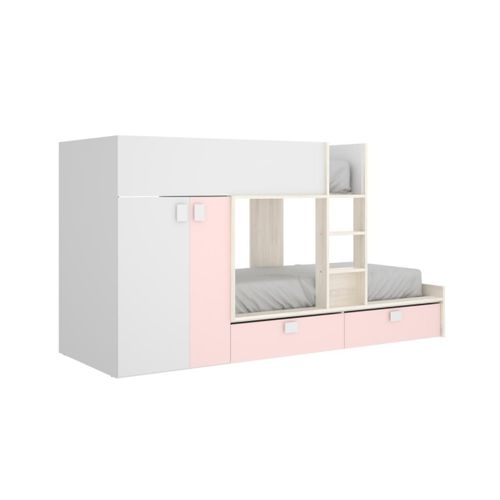 Lits Superposés Juanito - Armoire Intégrée - 2 X 90 X 190 Cm - Blanc, Chêne Et Rose