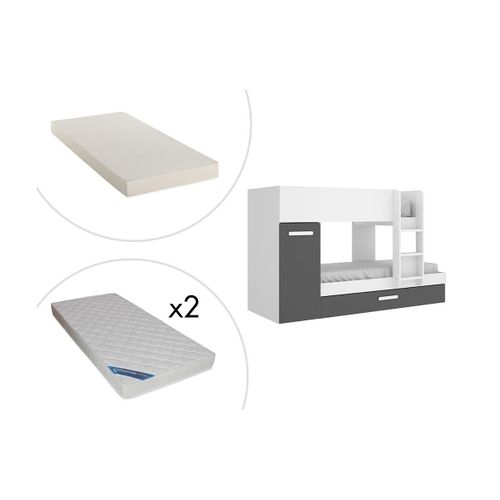 Lits Superposés Anthony Avec Rangements 3 X 90 X 190 Cm - Anthracite Et Blanc + Matelas