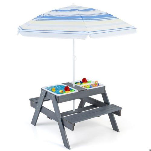 Costway Ensemble 4 En 1 - Table Et Bancs De Pique-Nique Pour Sable Et Eau 3 Bacs Enfants 3 Ans+, Avec Parasol Amovible Pour Jardin