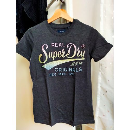 Haut/T-Shirt Superdry Gris À Inscriptions Colorées Pailletées 34 Neuf