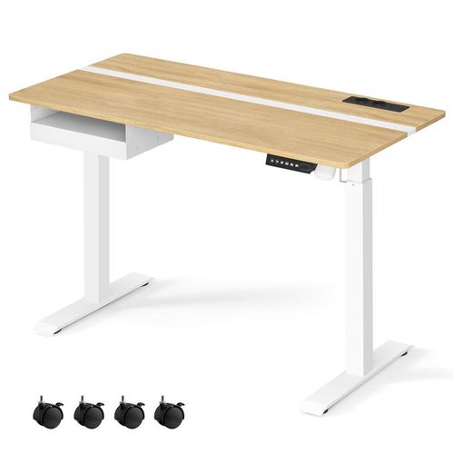 Bureau Électrique Réglable En Hauteur, Multiprise, Tiroir, 60 X 120 Cm, Réglable En Continu, Couleur Chêne Naturel Et Blanc Nuage