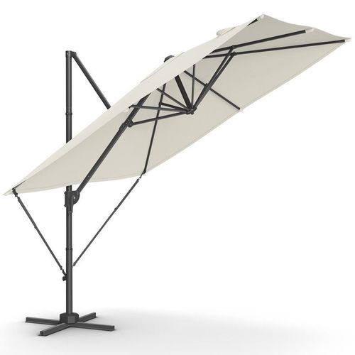 Parasol De Jardin Déporté 270 X 270 Cm, Upf 50+ Parasol De Terrasse, Pivotant À 360°, Inclinaison, Avec Manivelle, Base En Croix, Blanc Crème
