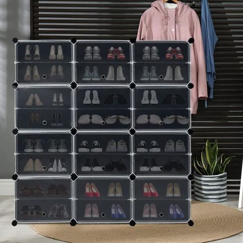 Étagère À Chaussures 3 X 8 Niveaux Diy - Avec Porte & Protection Anti-Renversement - En Plastique Pp Pour Couloir Entrée