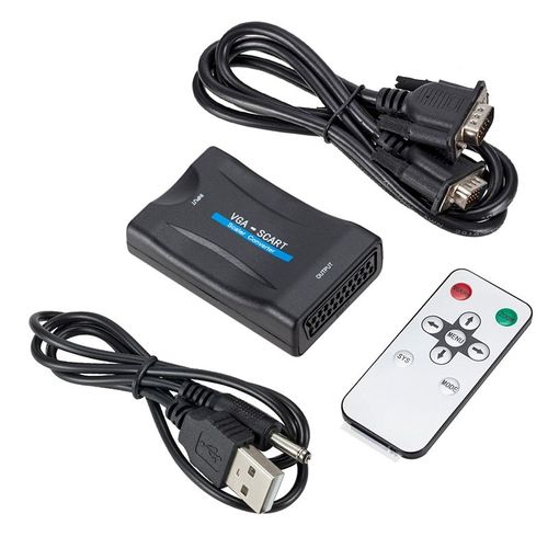 Avec câble VGA - Adaptateur convertisseur Audio vidéo VGA vers péritel 1080P + télécommande + câble USB + câbles VGA