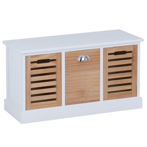 Banc De Rangement Trient Meuble Bas Coffre Et 3 Caisses De Rangement, En Mdf Et Bois De Paulownia Blanc/Naturel