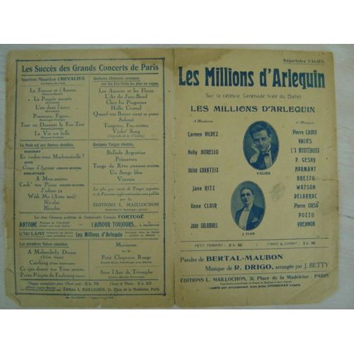 Partition // "Les Millions D'arlequins"Répertoire Valiès*Edts L.Maillochon ¿¿ 1920 ¿¿ Bertal / Maubon/Drigo 1921