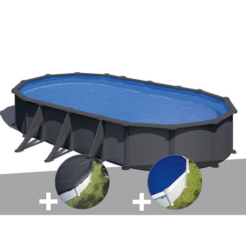 Kit piscine acier gris anthracite Gré Juni ovale 7,44 x 3,99 x 1,32 m + Bâche d'hivernage + Bâche à bulles