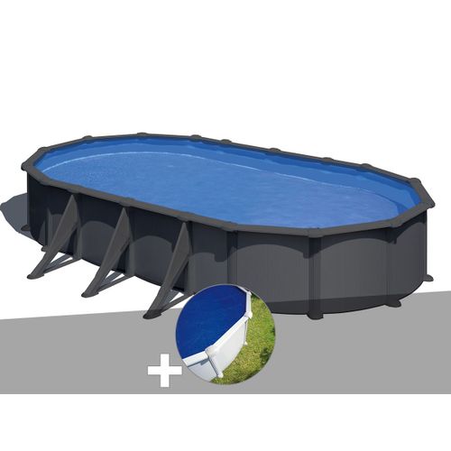Kit piscine acier gris anthracite Gré Juni ovale 7,44 x 3,99 x 1,32 m + Bâche à bulles