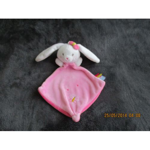 Doudou Plat Lapin Blanc Et Rose Imprimé Coeur Et Papillon Sucre D'orge