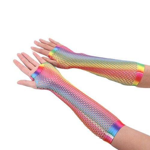 Gants Ajourés En Résille Pour Femmes, À Trous, Imprimés Arc-En-Ciel, Costume De Danse Disco, En Maille Sans Doigts, Tendanc Toi234