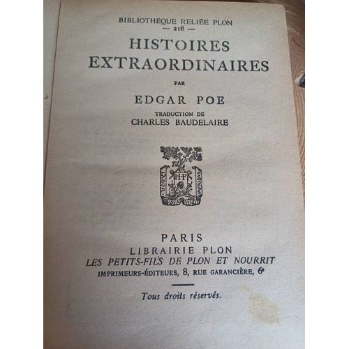 Histoires Extraordinaires Par Edgar Poe Traduction De Charles Baudelaire Librairie Plon