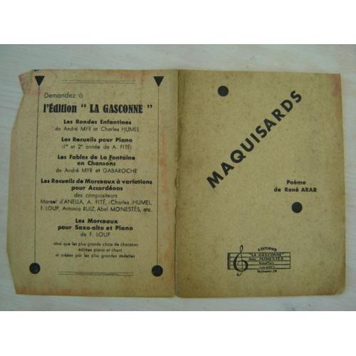 Rare Partition//Poème (Sans Musique) Maquisards De René Arar *1945**Editions La Gasconne /Abel Monestes À Astaffort