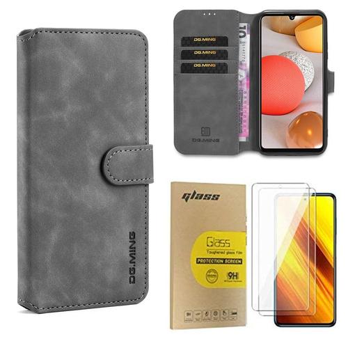 Coque Samsung Galaxy A02s Avec 2 Verre Trempé, Samsung Galaxy A02s Antichoc Etui Housse, Pu Cuir Portefeuille Etui En Pu Coque Pour Samsung Galaxy A02s Pour (Gris)