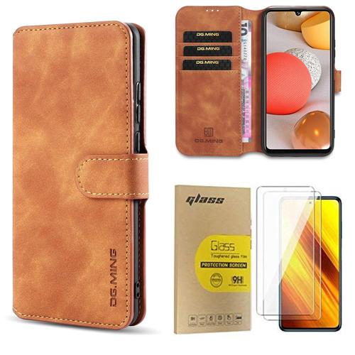 Coque Xiaomi Redmi Note 10 Avec 2 Verre Trempé, Xiaomi Redmi Note 10 Antichoc Etui Housse, Pu Cuir Portefeuille Etui En Pu Coque Pour Xiaomi Redmi Note 10 Pour (Marron)