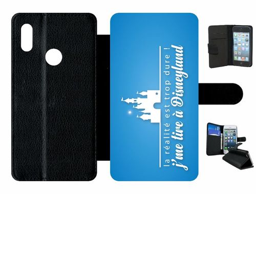 Etui A Rabat - La Realite Est Tropdure Jme Tire A Disney Fond Turquoise - Compatible Avec Huawei Y6 2019 - Simili-Cuir - Bord Noir