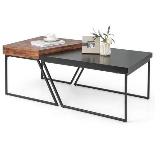 Costway Lot De 2 Tables Basses Gigognes Avec Cadre Métal, Tables D'appoint Style Industriel Avec 8 Pieds Antidérapants Réglables