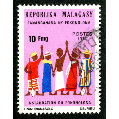 Timbre Oblitéré Repoblika Malagasy, Instauration Du Fokonolona, Postes 1974, 10 Fmg
