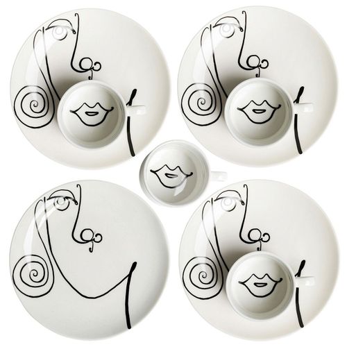 Tasse Avec Coupelle Visage Femme Noir Et Blanc - Lot De 4