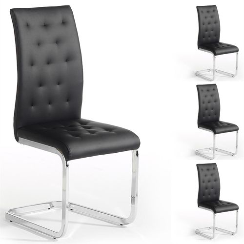 Lot De 4 Chaises De Salle À Manger Chloe Avec Assise Capitonnée Et Piétement Chromé, Revêtement En Synthétique Noir
