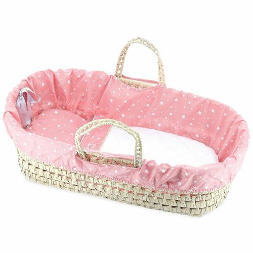 Petitcollin Sac Portable En Osier, Toile Incrustée, Rose (Pour Poupée Jusqu'à 50 Cm)