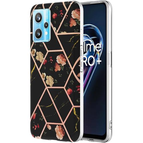 Coque Pour Realme 9 Pro 5g Téléphone Portable Avec Motif De Marbre Électrolytique Coque Ultra-Fine En Silicone Coque Antidérapante Et Antichoc Case Cover-Fleur Noir