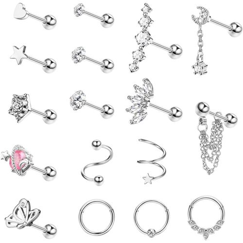 17pcs Boucles D'oreilles Acier Inoxydable Femme Piercing Tragus Labret Conch Piercing Helix Acier Chirurgical Hypoallergnique Cz Piercing Nez 16g Argent Or Or Rose[H1120]