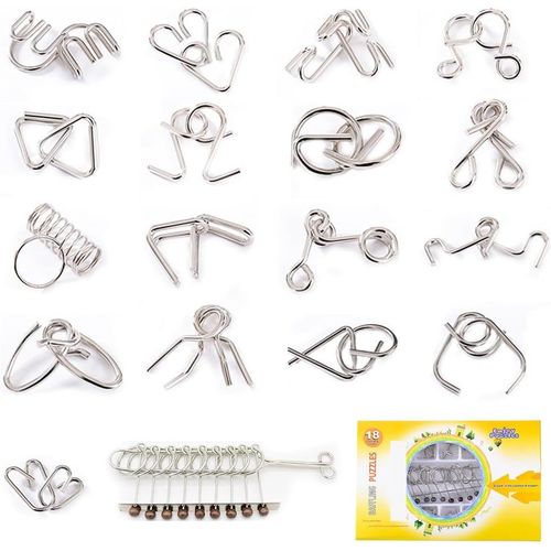 18 Pices Casse-Tte Mtal, Puzzles en Mtal Casse Tete Metallique Wire, Un Jouet Compos 9 Anneaux Entrelacs, Jouets Fidget IQ Brain Test 3D Interlock Puzzles pour Enfants et Adultes