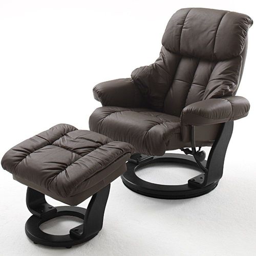 Fauteuil Relax Clairac Assise En Cuir Marron Pied En Bois Noir Avec Repose Pied