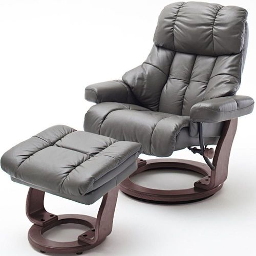 Fauteuil Relax Clairac Assise En Cuir Nougat Pied En Bois Noyer Avec Repose Pied