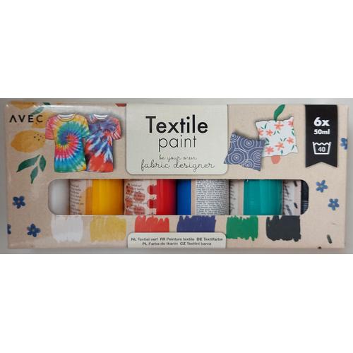 Peinture textile - 6x50ml - jaune, rouge, bleu, vert, noir, blanc