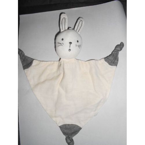 Doudou Lapin Blanc Bleu Jean Triangle 3 Noeuds Ecru Beige Creme Gris Fonce Pois Fins Kiabi Lange Tissu Coton Jouet Naissance Bebe
