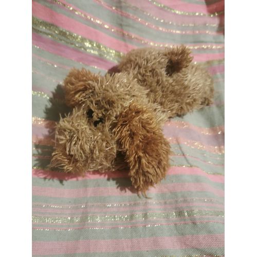 Doudou Peluche Chien Marron 2 Tons Allongé Poils Mi Long Billes Sema