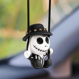 Ornements de Voiture,Cool Balançoire Crâne Pendentif, Swinging Fantôme avec Chapeau Noir,Miroir de Voiture Rétroviseur Ornements Squelette,Cadeaux D'anniversaire Décoration Charme de Voiture Suspendu