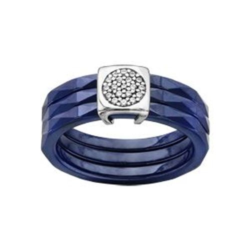 Bague Argent Rhodié 3 Anneaux Céramique Bleu Facette Et Pave Oxydes Blancs Sertis