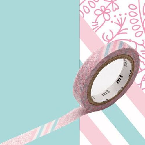 Masking Tape Mt Ex Fleurs Rose Et Rayures 0,7cm X 7m