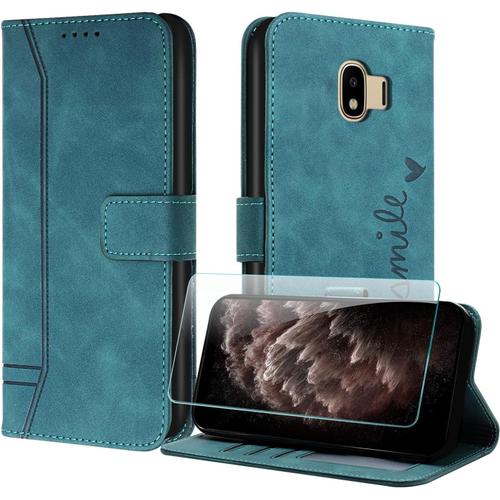 Coque Pour Samsung Galaxy J4 2018 Avec Protection Écran, Étuis Rabat Folio Housse Cuir Portefeuille Emplacements Cartes Magnétique Support Pour Galaxy J4 2018 - Vert